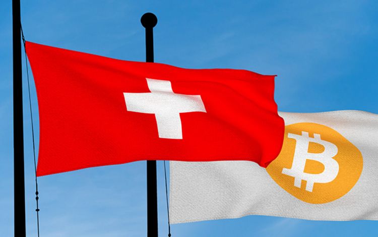 Flagge mit Schweizer Kreuz und Bitcoin-Emblem