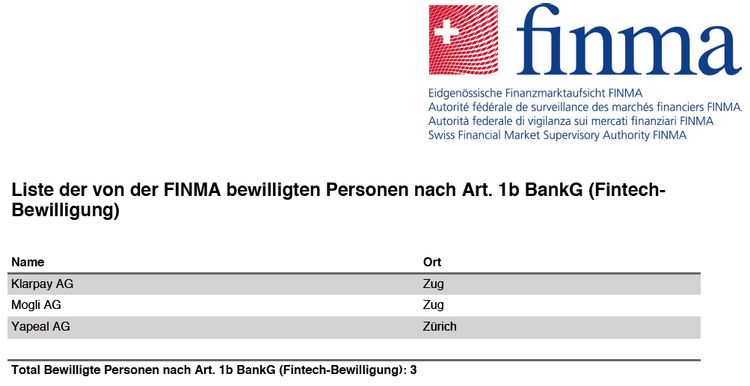 Blick in das FINMA-Register der FinTech-Lizenzen