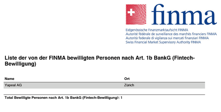 FINMA-Liste mit den Inhabern der neuen FinTech-Lizenz