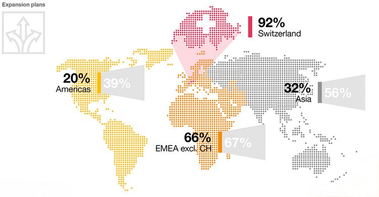 Grafik mit den Regionen, in die Schweizer FinTechs investieren wollen