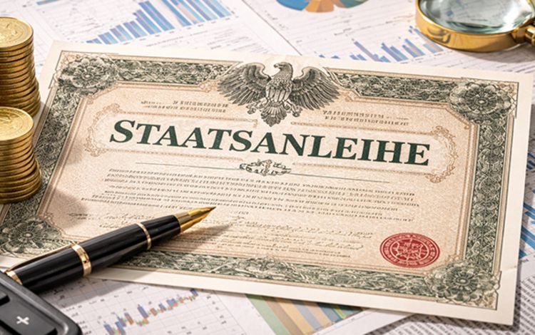 Eine Staatsanleihe auf einem Schreibtisch, umgeben von Charts