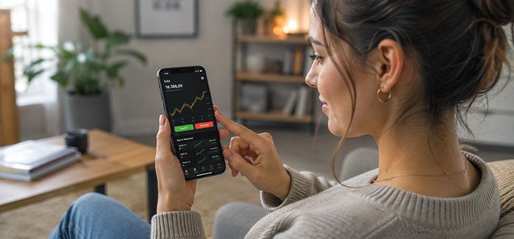 Junge Frau beim Aktienhandel am Smartphone