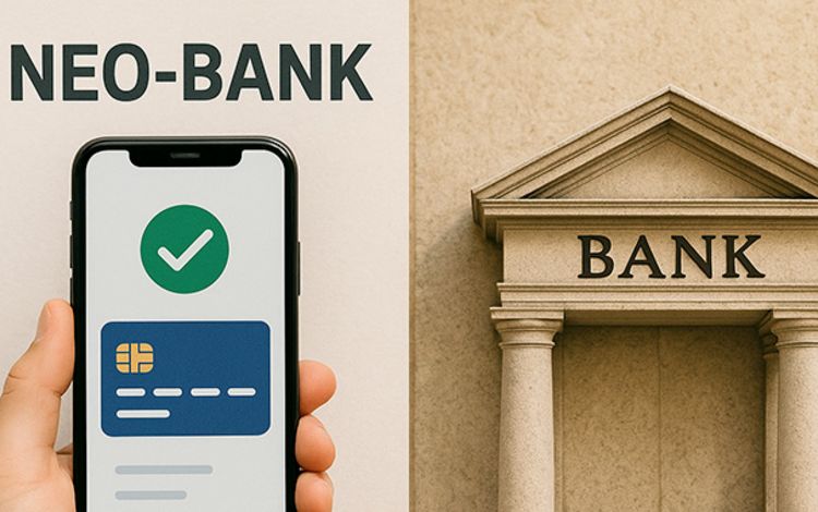 Neo-Bank mit Smartphone dargestellt, klassische Bank mit eindrücklicher Pforte