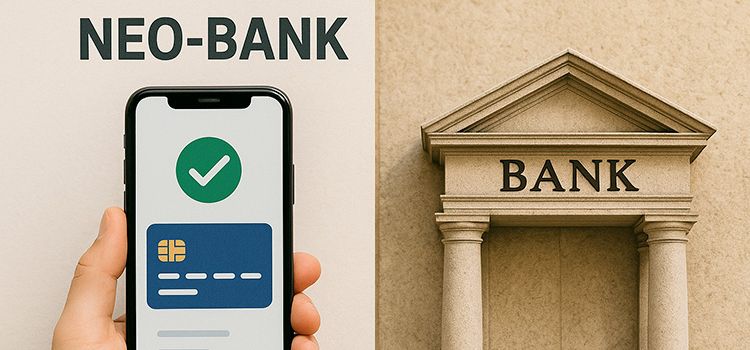Neo-Bank mit Smartphone dargestellt, klassische Bank mit eindrücklicher Pforte