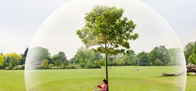 Eine junge Frau sitzt im Parkt und ist geschützt durch eine Glaskuppel