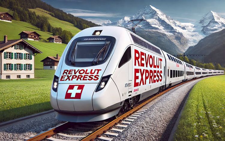 Ein Zug mit der Aufschrift "Revolut Express" fährt durch die Schweiz