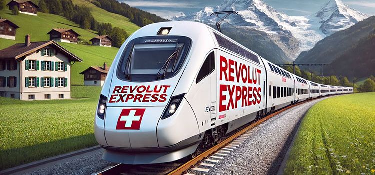 Ein Zug mit der Aufschrift "Revolut Express" fährt durch die Schweiz