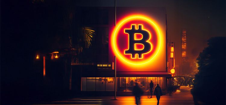 Ein Gebäude nachts mit Bitcoin-Leuchtschrift