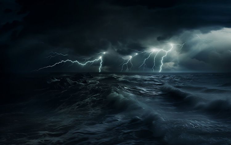 Sturm, hohe Wellen und Blitze am dunklen Nachthimmel
