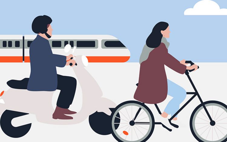 Illustration mit Zug, Vespafahrer und Fahrradfahrerin