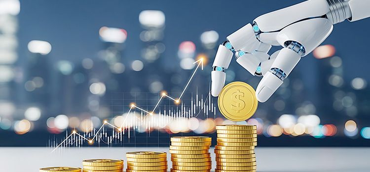 Eine Roboter-Hand legt goldene Münzen auf einen Tisch