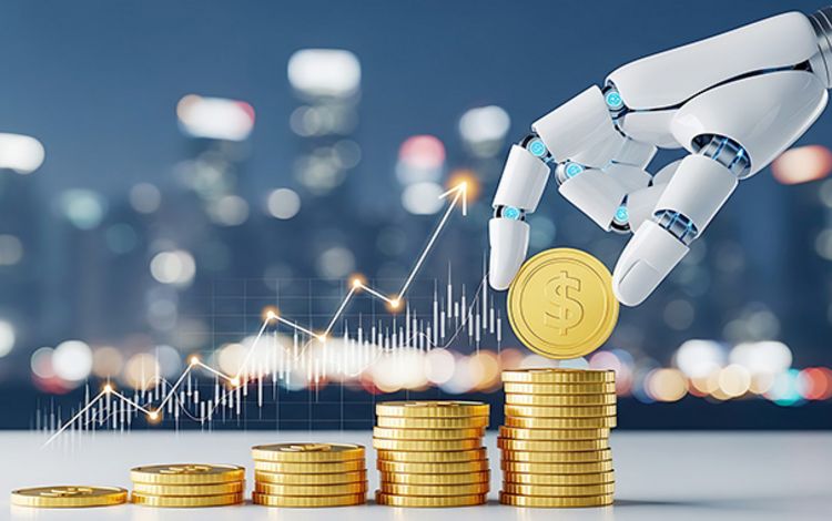 Eine Roboter-Hand legt goldene Münzen auf einen Tisch