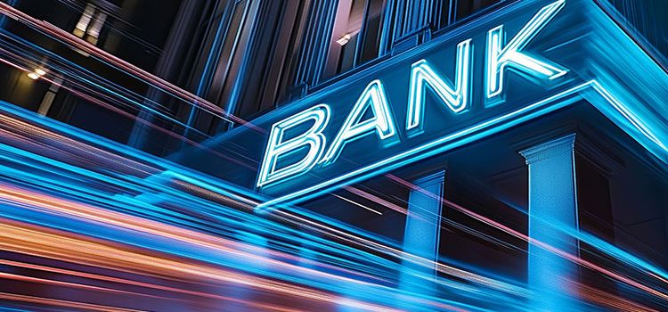 Bank mit Neonschrift als Symbol für die gesamten Banken-Branche