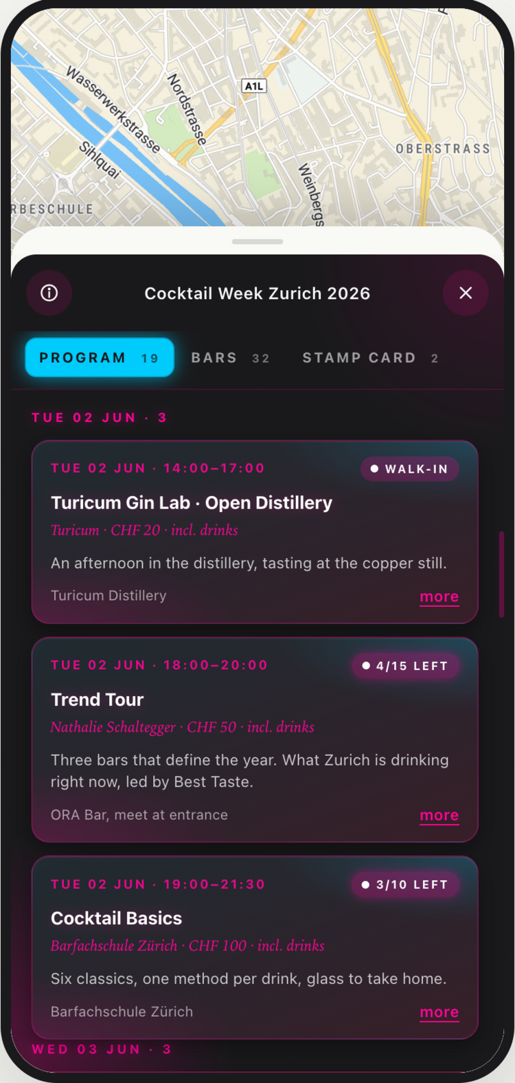 Screenshot mit den Cocktail Weeks Zurich von der App Livemap