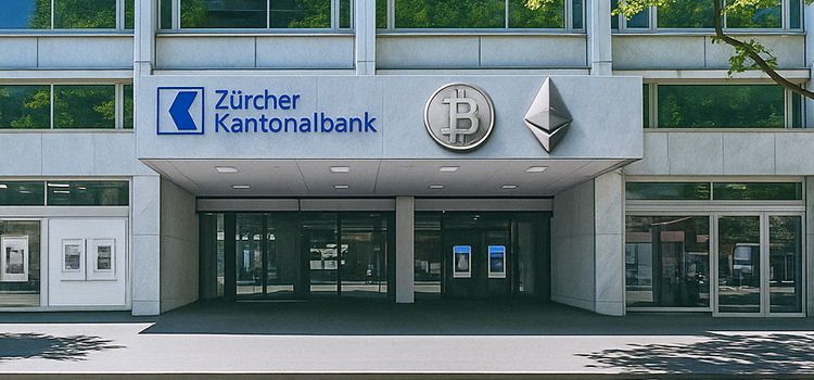 Hauptsitz der Zürcher Kantonalbank mit den Symbolen von Bitcoin und Ethereum an der Fassade