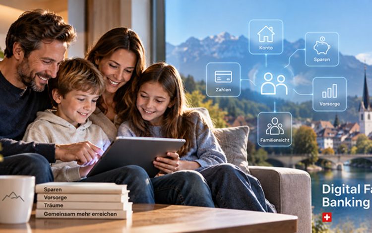 Junge Familie am Laptop beim Family Banking