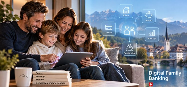 Junge Familie am Laptop beim Family Banking