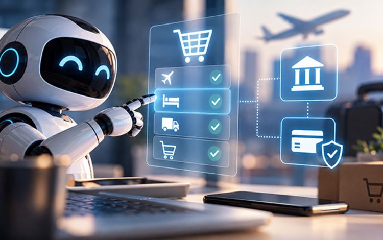 Symbolbild für Agentic Commerce, ein Robo kauft ein uns wählt Waren aus