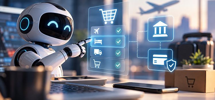Symbolbild für Agentic Commerce, ein Robo kauft ein uns wählt Waren aus