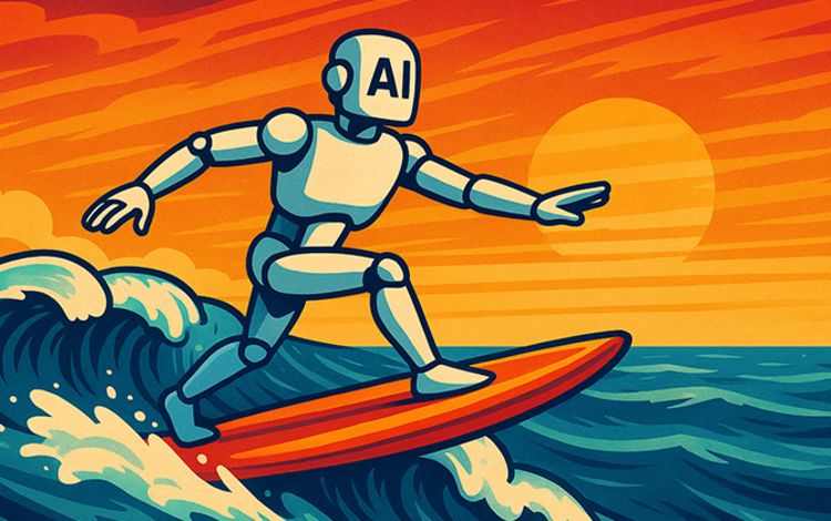 Künstliche Intelligenz als Figur auf einem Surfbrett als Wellenreiter