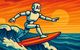 Künstliche Intelligenz als Figur auf einem Surfbrett als Wellenreiter