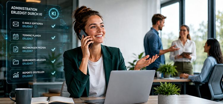 Junge Unternehmerin im Office lässt KI für sich arbeiten