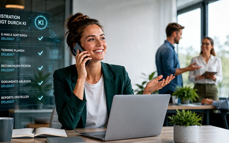 Junge Unternehmerin im Office lässt KI für sich arbeiten