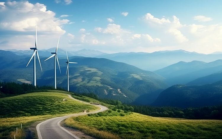 Windkraft-Anlagen in einer schönen hügeligen Landschaft
