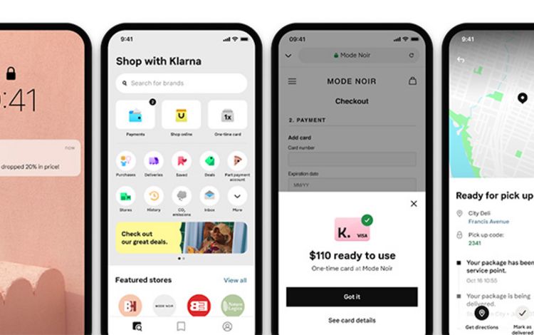 Vier Ansichten auf dem Smartphone der Super-App von Klarna