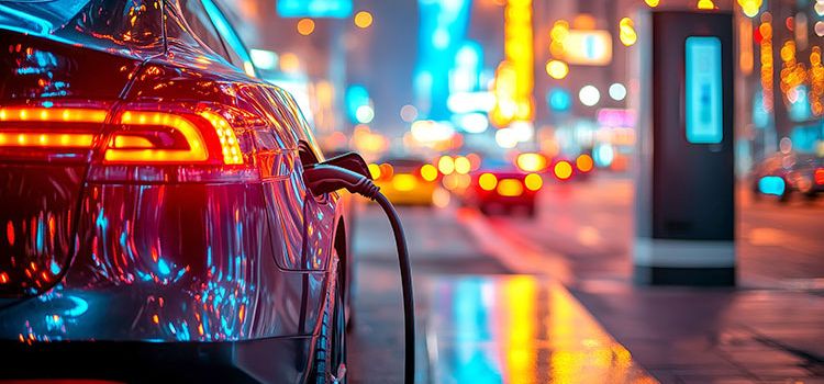E-Auto bei Nacht, das gerade mit Strom aufgeladen wird