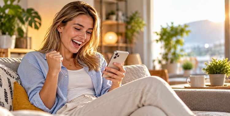 Junge Frau checkt ihr Smartphone auf dem Sofa und sie freut sich