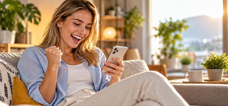 Junge Frau checkt ihr Smartphone auf dem Sofa und sie freut sich