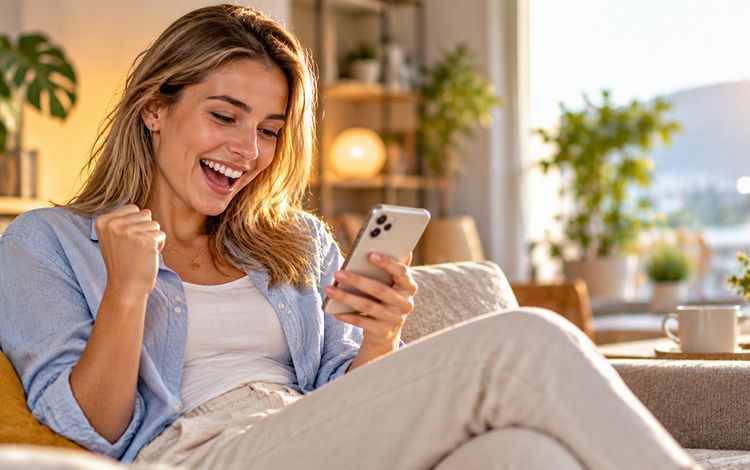 Junge Frau checkt ihr Smartphone auf dem Sofa und sie freut sich