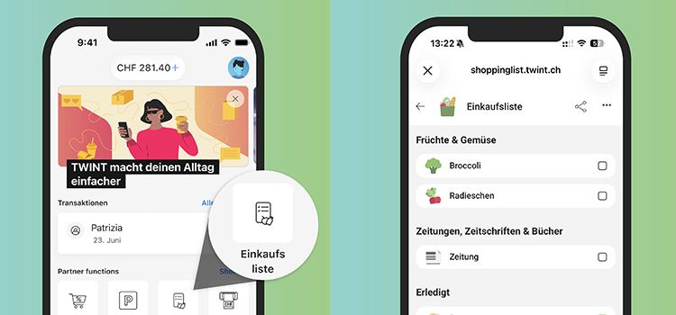Smartphone-Ansicht der Twint Einkaufsliste
