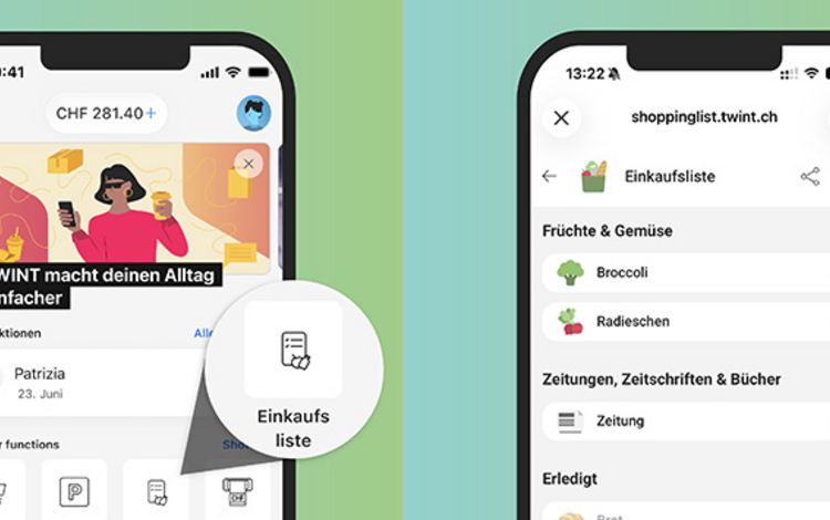 Smartphone-Ansicht der Twint Einkaufsliste