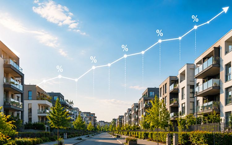 Strasse mit Häusern und Prozentsymbol, stellt den Schweizer Hypothekenmarkt dar