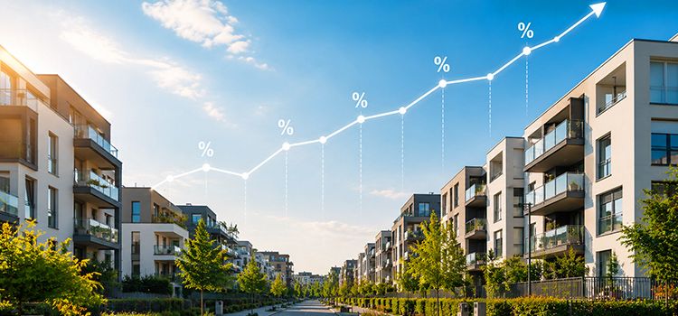 Strasse mit Häusern und Prozentsymbol, stellt den Schweizer Hypothekenmarkt dar