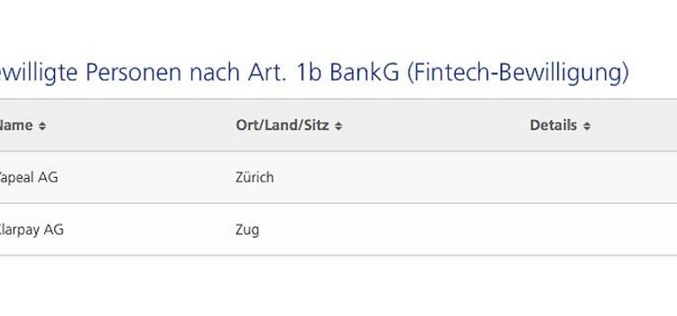 Ausschnitt aus der FINMA-Register der FinTech-Lizenzen