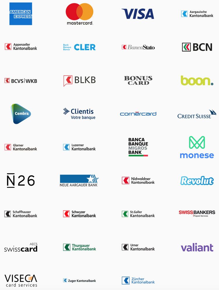 Die Logos der Partner von Apple Pay in der Schweiz