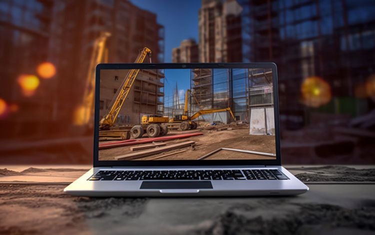 Blick auf eine Baustelle, betrachtet durch den Monitor eines Laptops