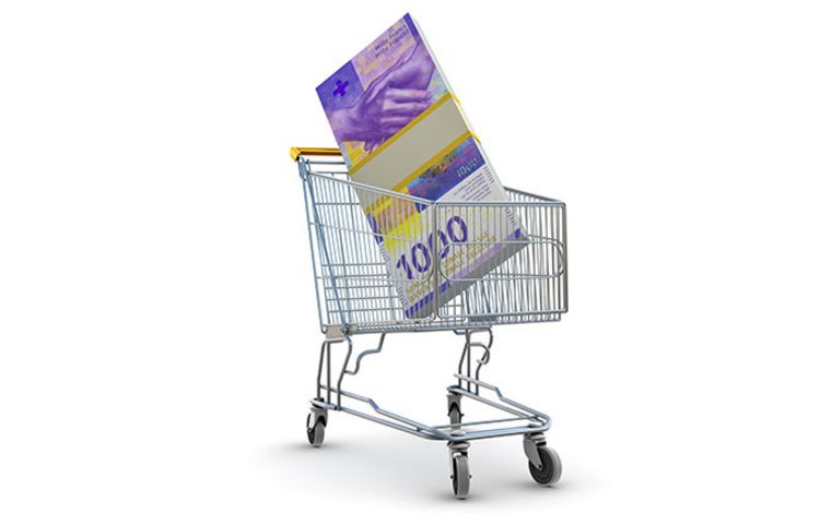 Schweizer Tausendernoten in Einkaufswagen