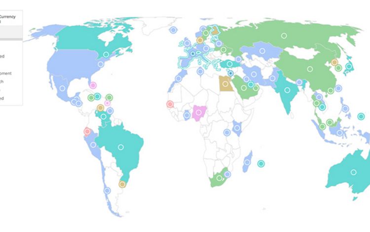 Weltkarte mit den Staaten, welche CBDC-Projekte verfolgen