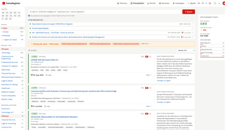 Screenshot der KI Swiss Register