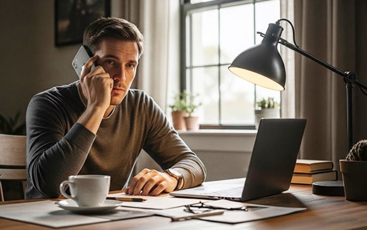 Mann am Laptop im Kontakt mit seiner Bank