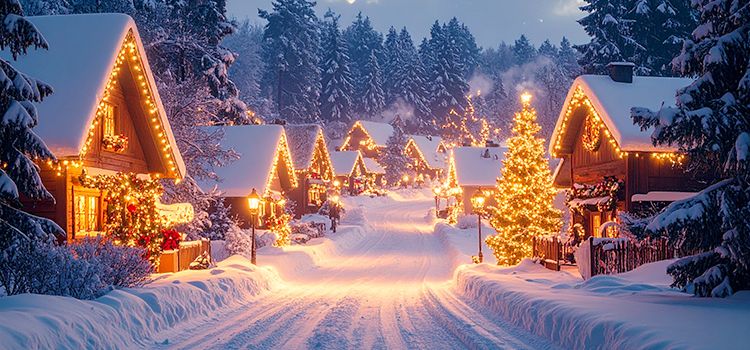 Verschneite Strasse mit festlich beleuchteten Häusern