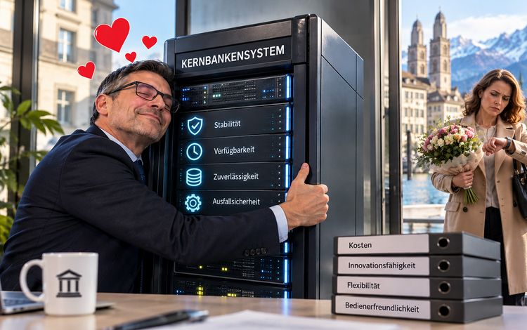 Ein Banker umarmt sein Kernbankensystem und lässt seine Frau draussen warten