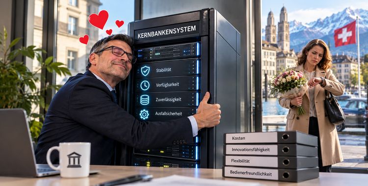 Ein Banker umarmt sein Kernbankensystem und lässt seine Frau draussen warten