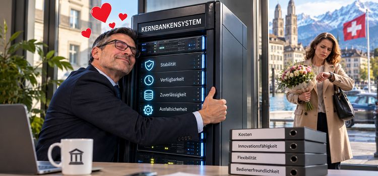 Ein Banker umarmt sein Kernbankensystem und lässt seine Frau draussen warten