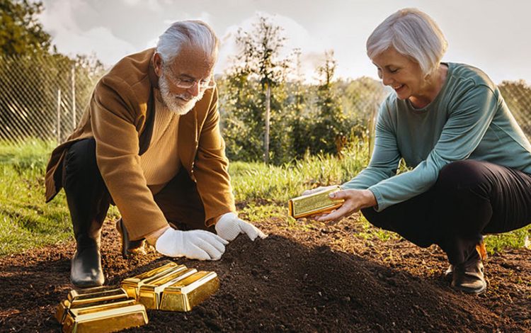 Ein älteres Paar vergräbt Goldbarren im Garten