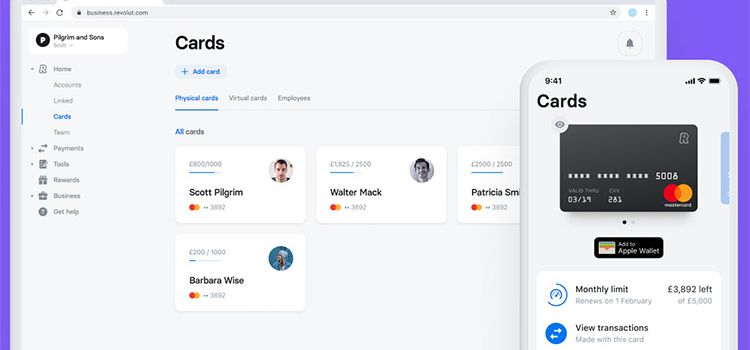 Ansicht der Kartenverwaltung auf dem PC von Revolut